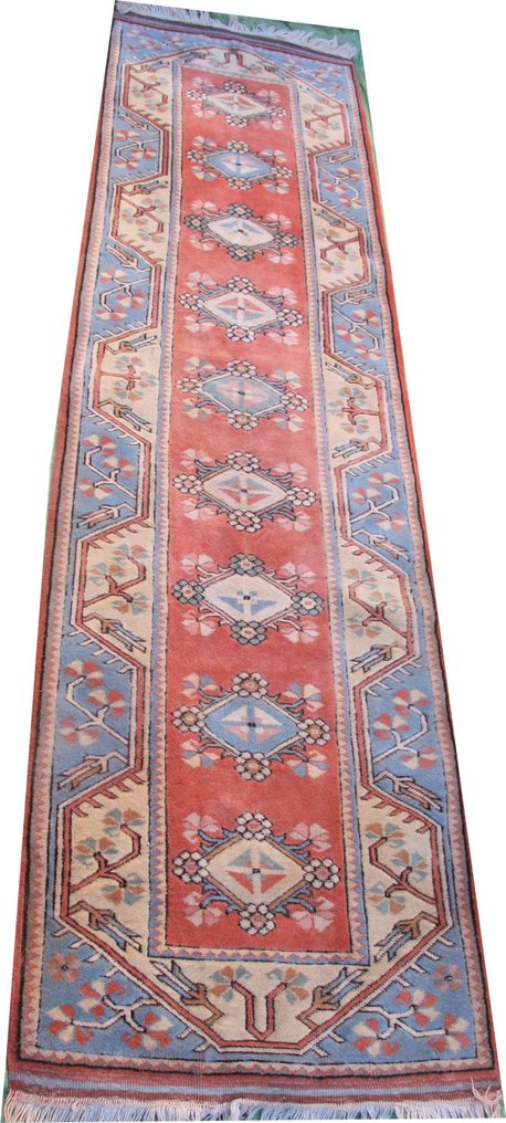 Χειροποίητο τουρκικό μαλλί Milas runner χαλί σε σολομό και μπλε, 3 μέτρα x 0,76 μέτρα. - Χαλί - 305 cm - 78 cm #1.0