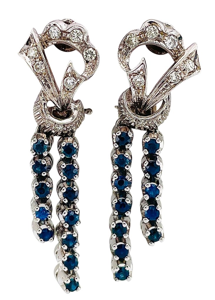 耳環 - 18 克拉 白金 鉆石 (天然) - 藍寶石 #1.0