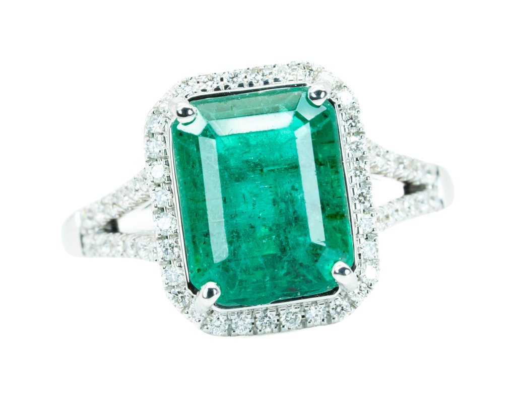 沒有保留價 - 戒指 - 14 克拉 白金, 鲜明/深绿（赞比亚） -  4.00ct. tw. 祖母綠 - 鉆石 - 0.29克拉 #1.0