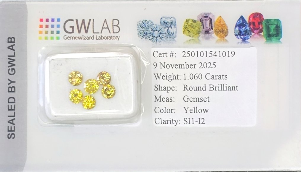 沒有保留價 - 6 pcs 鑽石 (天然彩色) - 1.06 ct - 圓形 黃色 - SI1, I2 - Gemewizard Gemological Laboratory (GWLab) #1.0