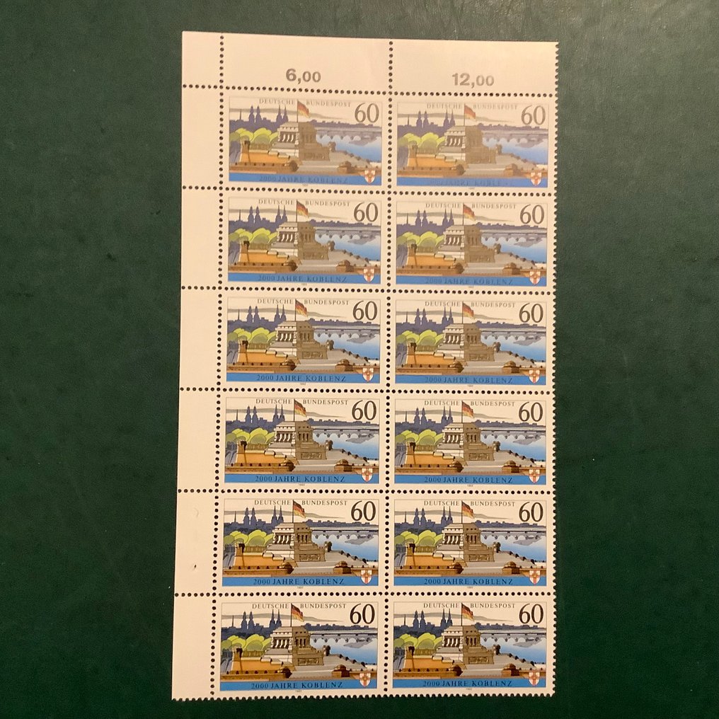 德国，联邦共和国 1992 - 2000年 Koblentz 在 X 纸上的每十个一组的块 - Michel 1583 x #3.2