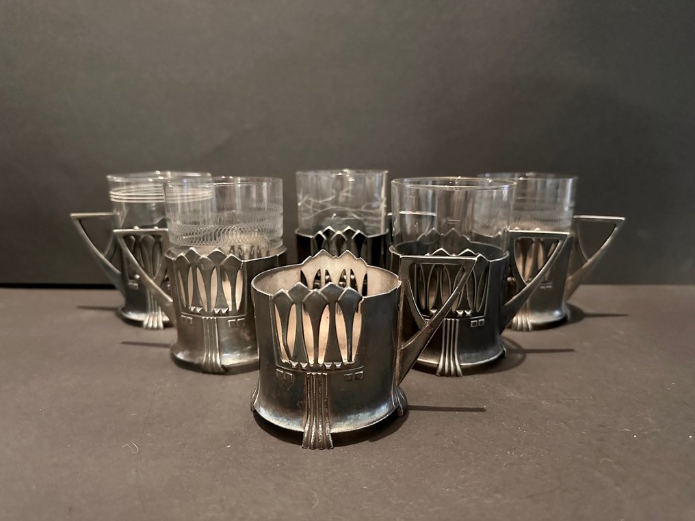 WMF / Geislingen, SCHOTT Mainz - Albin Müller - Drinking glass (6) - 345 - Silverplated, Britannia metal #1.0