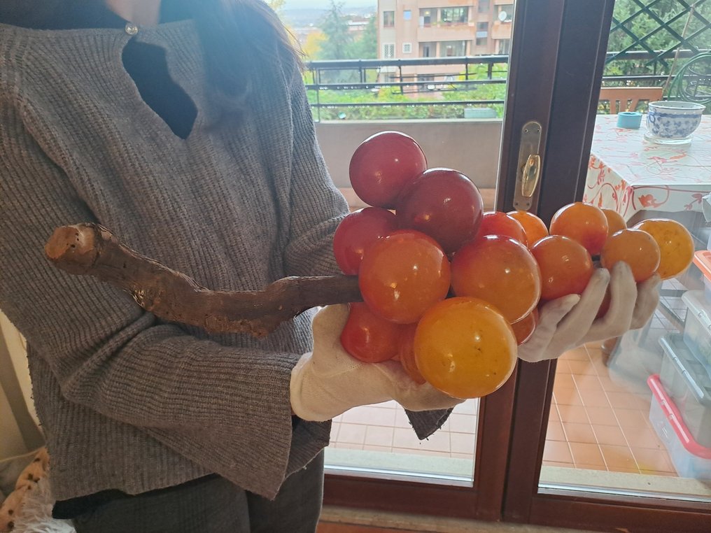 Γλυπτό, Grappolo gigante con vero tralcio di vite - 20 cm - Μάρμαρο, Ξύλο #2.1