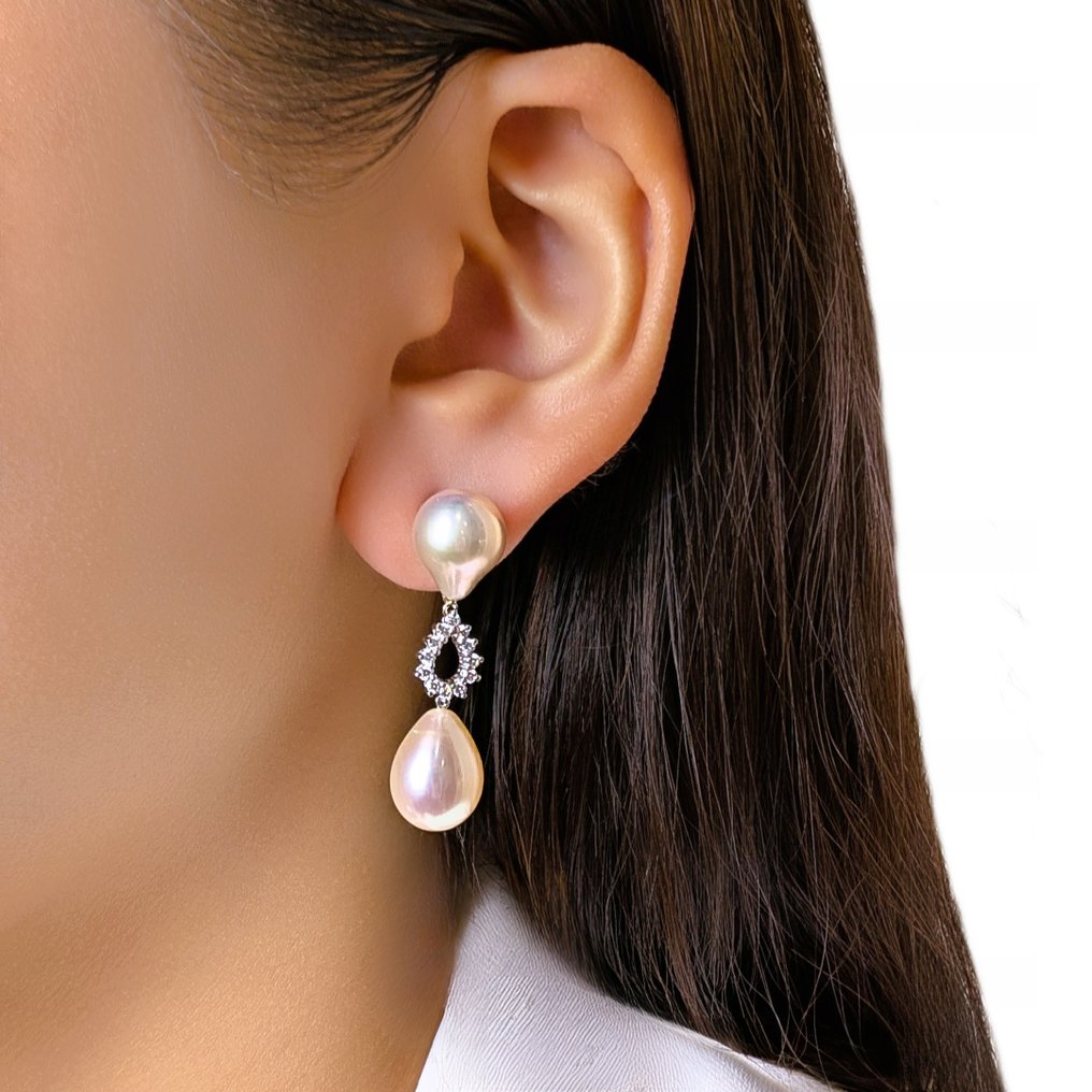 Øredobber - 18 karat Hvitt gull - 0.24ct. tw. Perle - Diamant #1.0