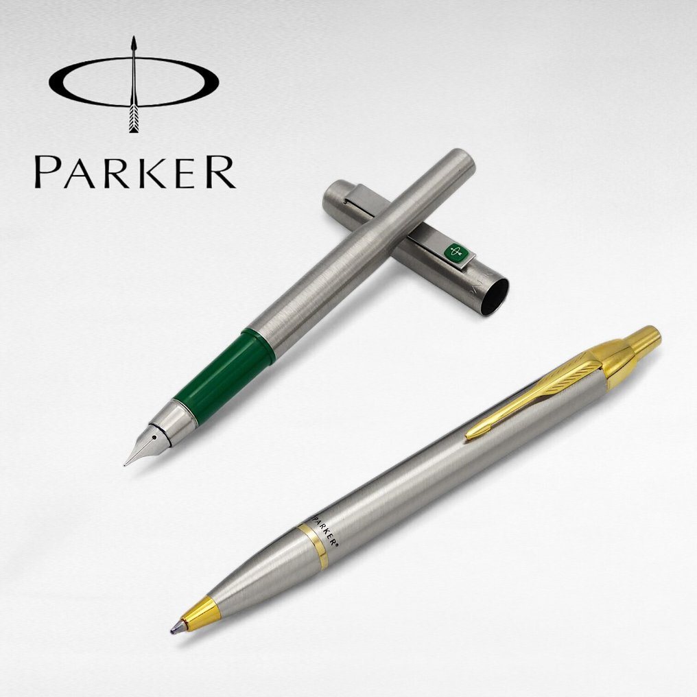 Parker - Stilografica mod. "25 Green Flighter" + Penna a Sfera mod. "IM Brushed Gold Metal GT" in Box - No Reserve Price - Pen set #1.0