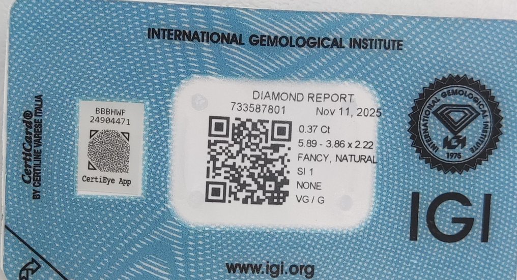 Sans Prix de Réserve - 1 pcs Diamant (Couleur naturelle) - 0.37 ct - Oval - Fancy Vert Jaune - SI1 - International Gemological Institute (IGI) #2.1