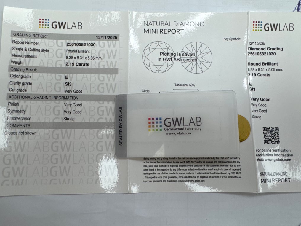 1 pcs 钻石 (天然) - 2.19 ct - 圆形 - E - SI2 微内三含级 - Gemewizard宝石实验室(GWLab) #4.3
