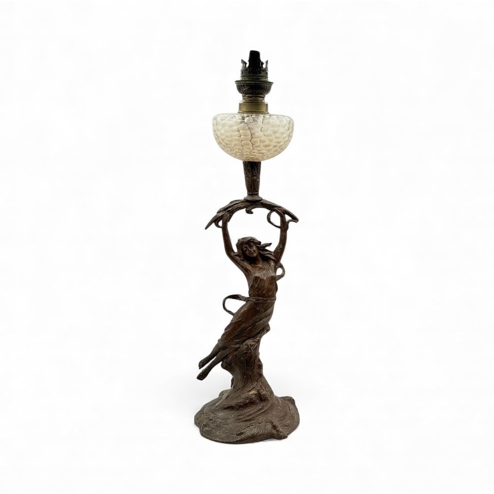Table lamp - Quinqué of Musa - Spelter, Crystal #1.0