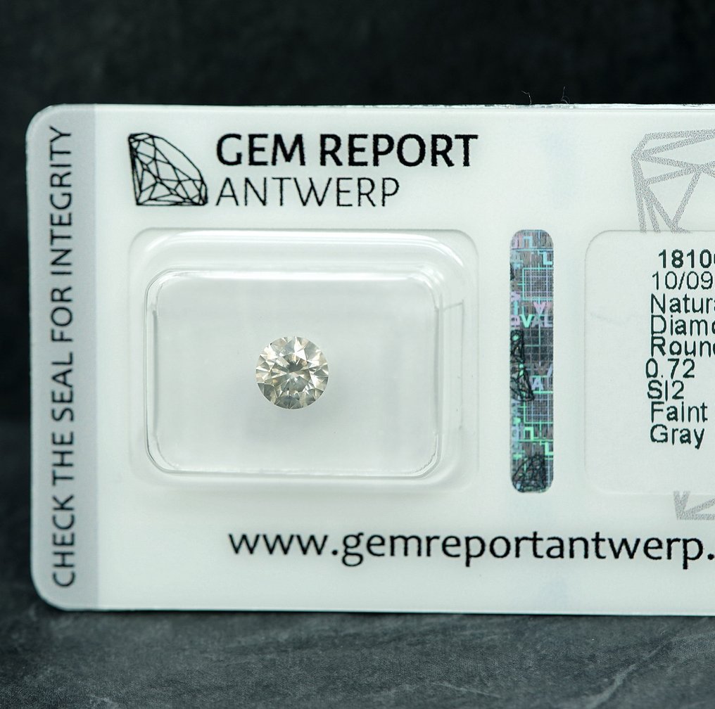 1 pcs 鑽石 (天然彩色) - 0.72 ct - 圓形 - Faint 淡黃色 灰色 - SI2 - Gem Report Antwerp (GRA) #1.0