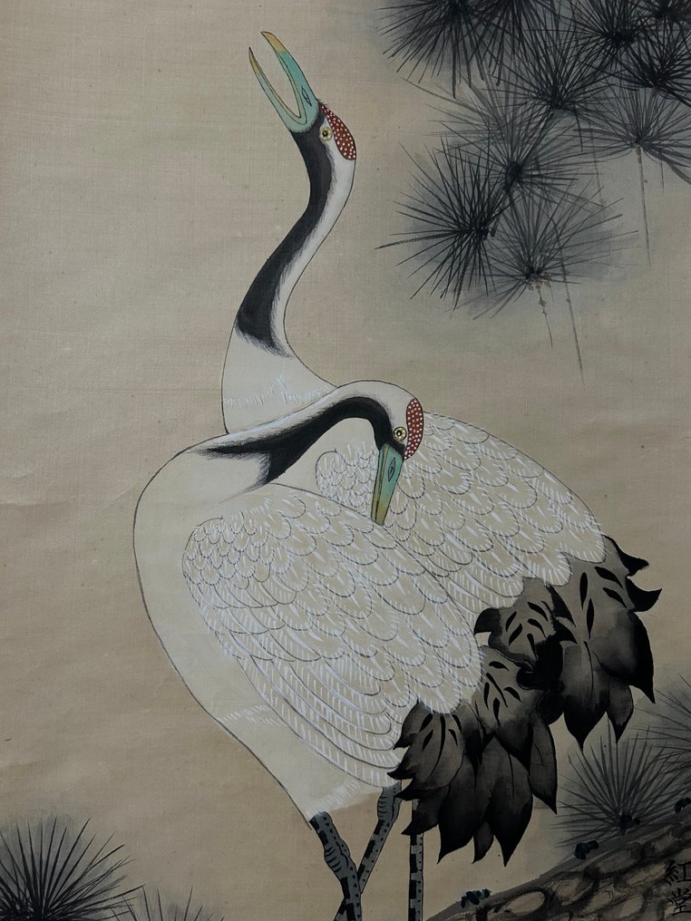 美丽的升起的太阳，鹤与松树的画作 - 絲 - Kōdō紅堂 - 日本 - 昭和年代(1926-1989) #3.2