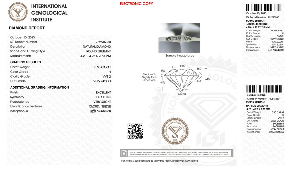 No Reserve Price - 1 pcs Diamond  (Natural)  - 0.30 ct - Round - H - VVS2 - International Gemological Institute (IGI) - *VG EX VSL* #2.1