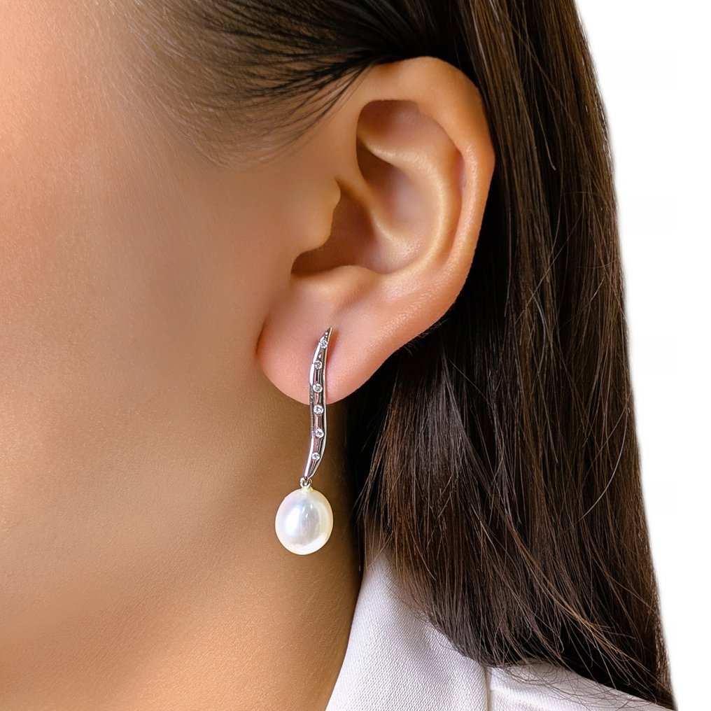 Drop fülbevaló - 18 kt. Fehér arany - 0.12ct. tw. Gyöngy - Gyémánt #1.0