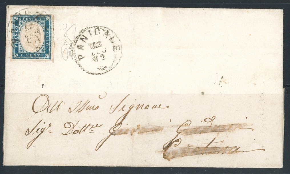 Αρχαία ιταλικά κράτη - Σαρδηνία  - PANICALE (C1 Σαρδηνιακά-Ιταλικά, σελ. R1) σε επιστολή της 12.7.62, Πιστοποιητικό Raybaudi. #1.0