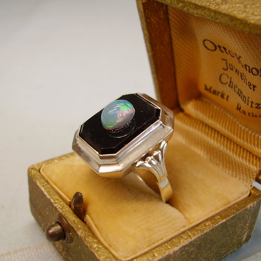 Nincs minimálár - Gyűrű Ezüst -  7.50ct. tw. Ónix - Opál - Ékszerész munka körülbelül 1920-ból #1.0