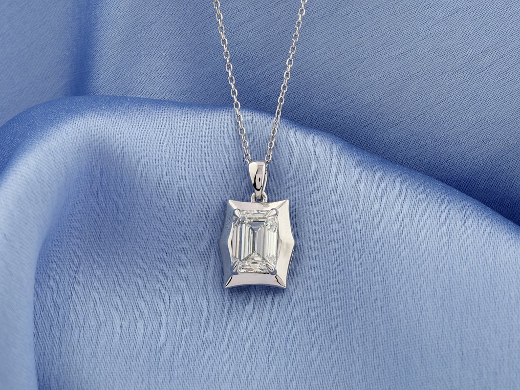 吊墜頸鏈 - 14 克拉 白金 -  2.04ct. tw. 鉆石 (實驗室培育) #4.3