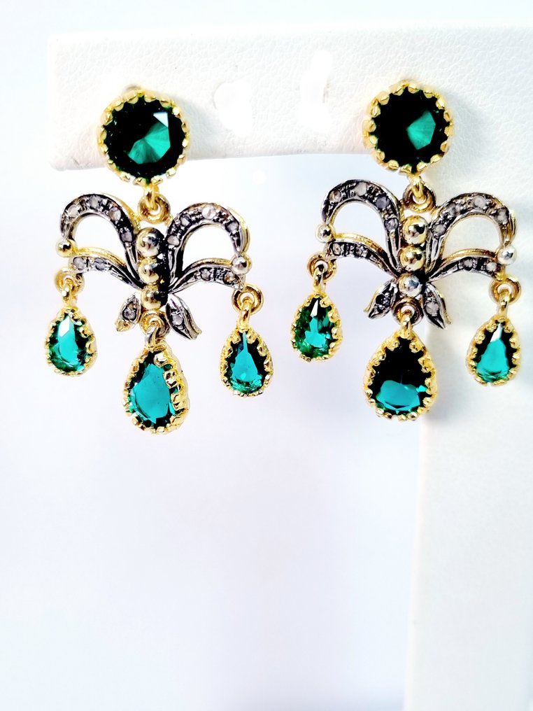 没有保留价 - 耳环 - 9 kt. 银, 玫瑰金 祖母绿 - 钻石 #1.0