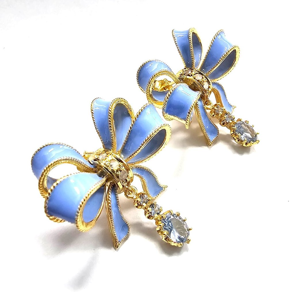 Nincs minimálár - Drop fülbevaló - 9 Kt Sárga arany, Ezüst Topáz - Gyémánt #1.0