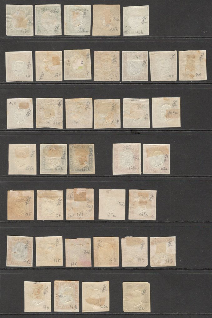Αρχαία ιταλικά κράτη - Σαρδηνία 1861/1863 - Όμορφη συλλογή από 38 καινούρια γραμματόσημα, όλα υπογεγραμμένα με διαφορετικές αποχρώσεις - Χωρίς - Sassone n 13/18 #1.0