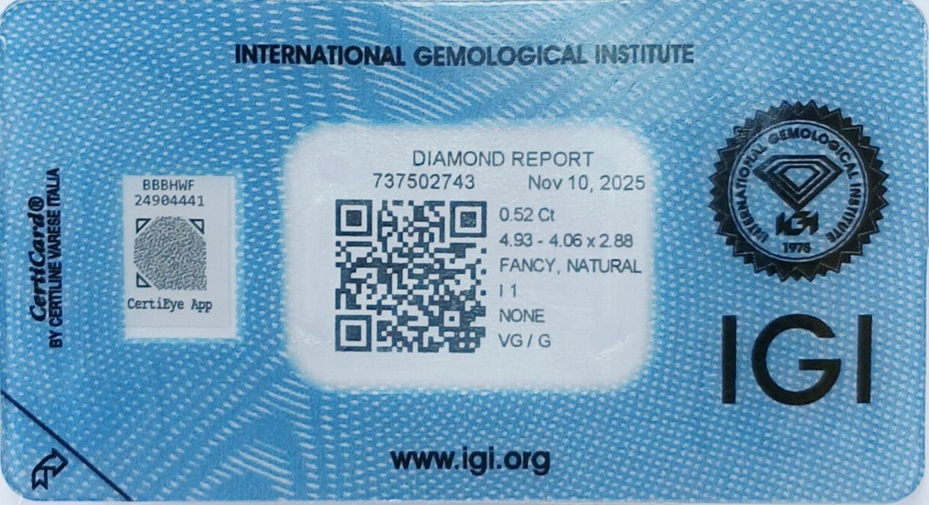 没有保留价 - 1 pcs 钻石  (天然色彩的)  - 0.52 ct - 枕形 - Fancy 稍帶紫色的, 棕色 - I1 内含一级 - 国际宝石研究院（IGI） #3.2