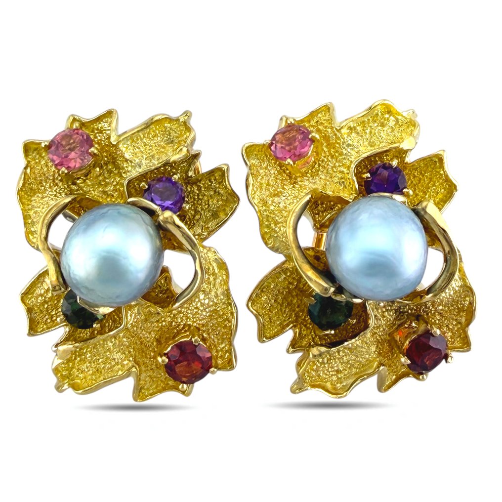 耳環 - 18 克拉 黃金, 独家18K黄金多宝石与珍珠耳环 #1.0