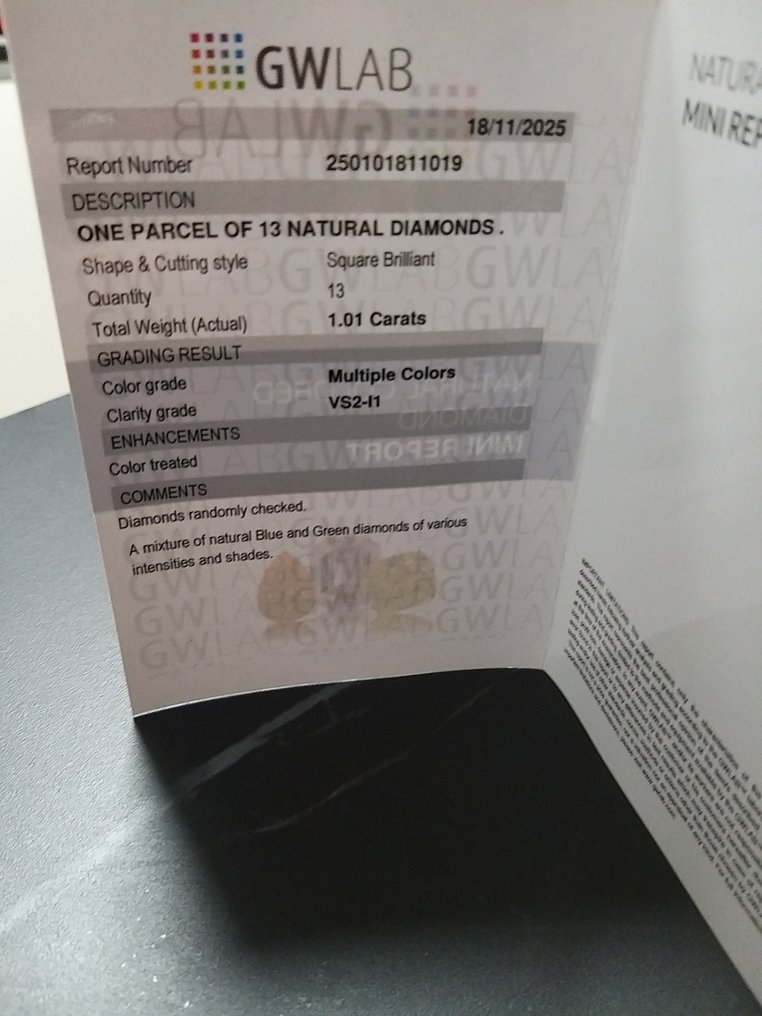 No reserve price - 13 pcs Diamond  (Colour-treated)  - 1.01 ct - Square Blue, Green - I1, VS2 - Gemewizard Gemological Laboratory (GWLab) #2.1