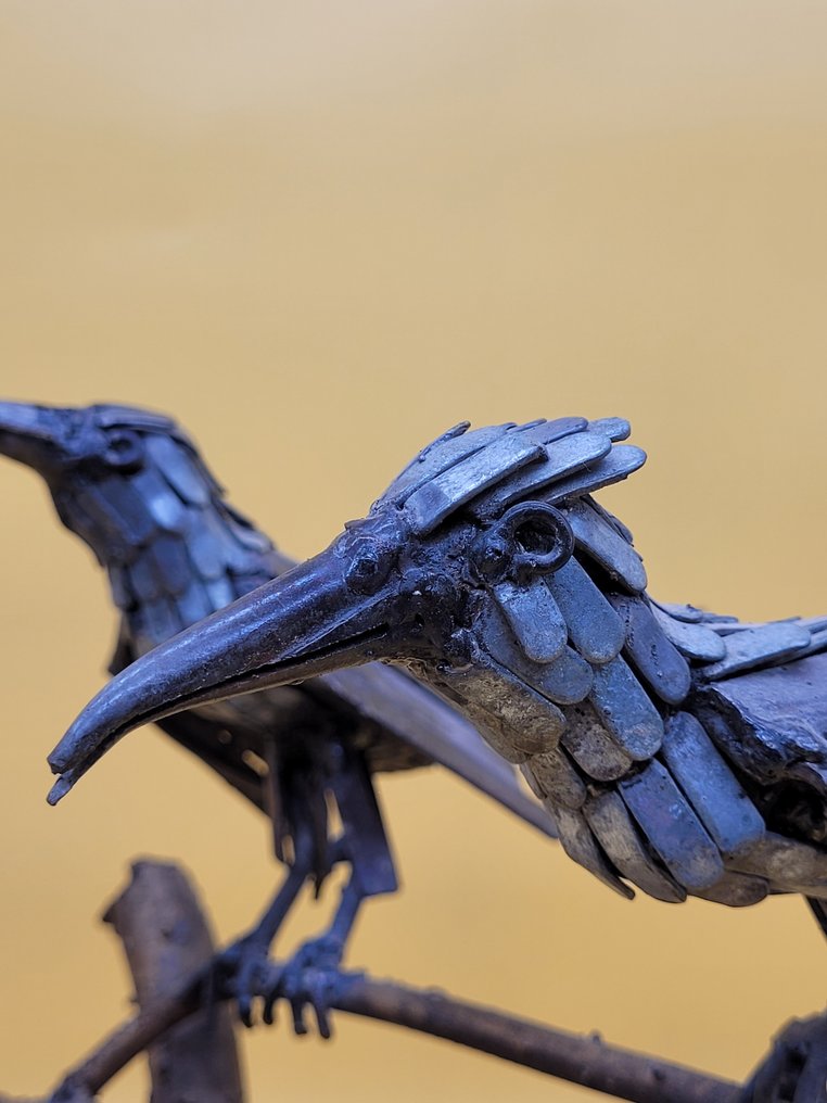 雕塑, Metallskulptur – Zwei Vögel auf Ast – Handgeschmiedetes Objekt aus Eisen - 26 cm - 金属 #2.1