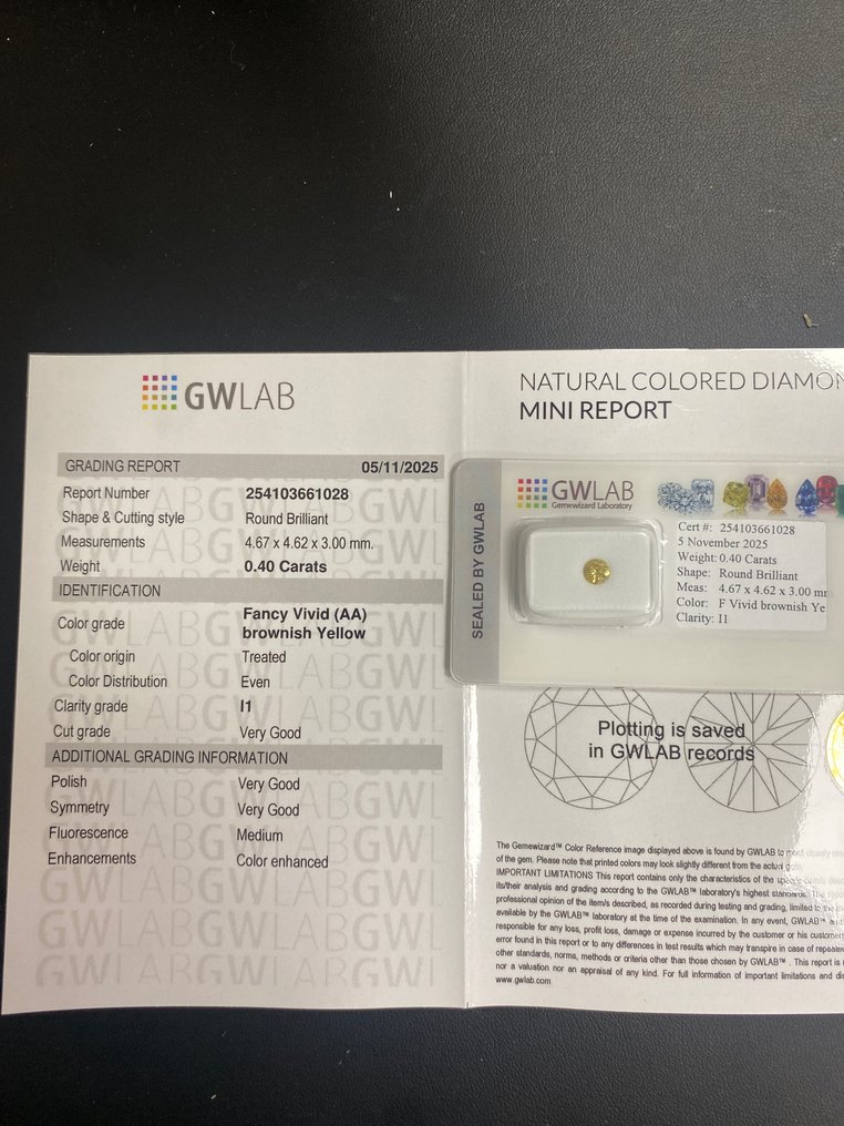 No Reserve Price - 1 pcs Diamond (Colour-treated) - 0.40 ct - Round - Fancy vivid Brownish - I1 - Gemewizard Gemological Laboratory (GWLab) #4.3