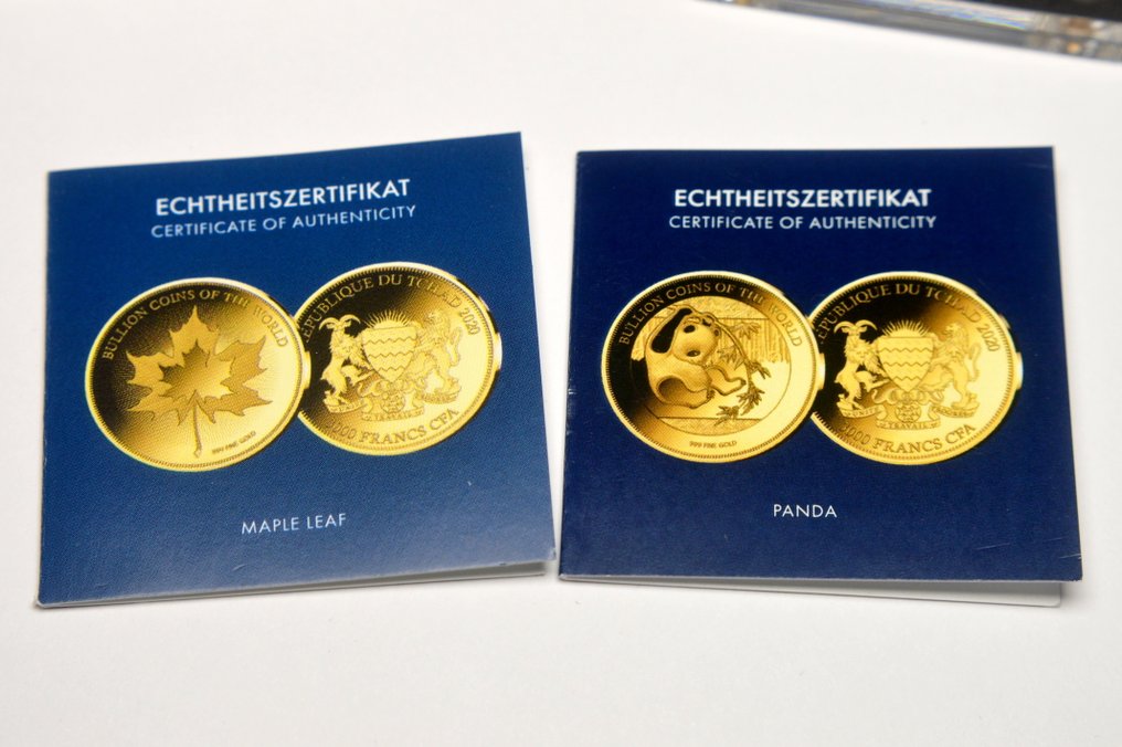 Chad. 3000 Francs 2020 - Bullion coins of the  World - Maple Leaf, Chinese Panda - .999 gold (2 pieces)  (No reserve price) #3.2