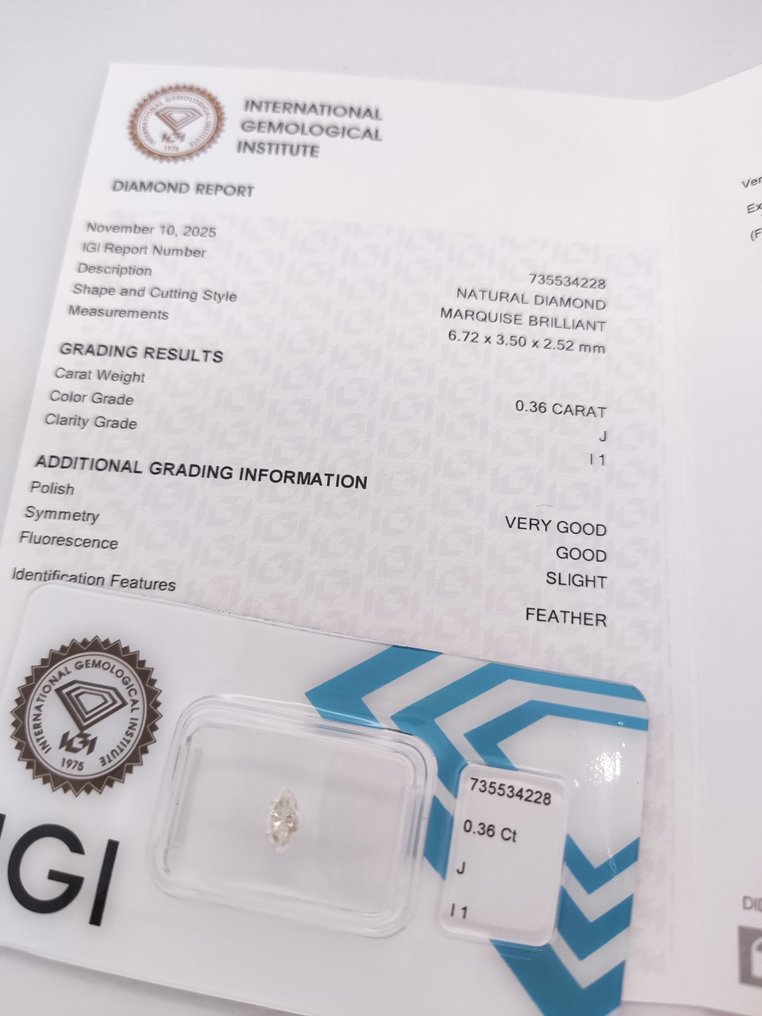 No Reserve Price - 1 pcs Diamond (Natural) - 0.36 ct - Marquise - J - I1 - International Gemological Institute (IGI) #3.2