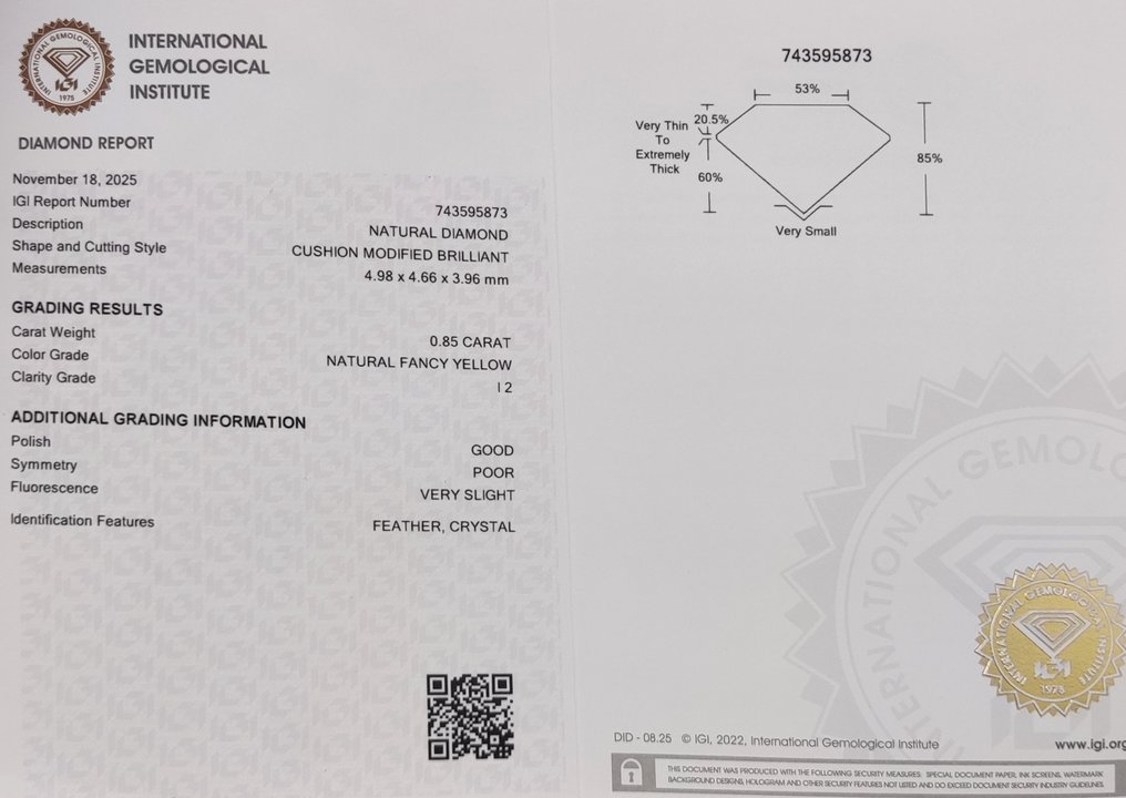 Utan reservationspris - 1 pcs Diamant (Naturligt färgad) - 0.85 ct - Kudd - Fancy Gul - I2 - International Gemological Institute (IGI) #4.3