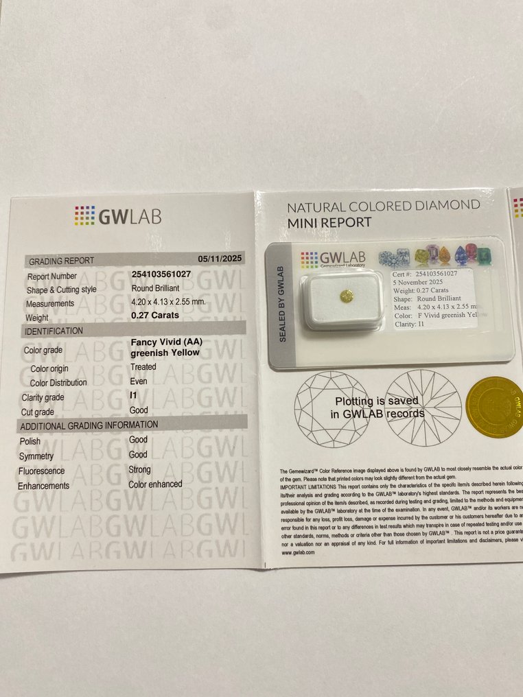 Ingen reservasjonspris - 1 pcs Diamant  (Fargebehandlet)  - 0.27 ct - Rund - Fancy vivid Grønnaktig, Gul - I1 - Gemewizard Gemologisk laboratorium (GWLab) #4.3