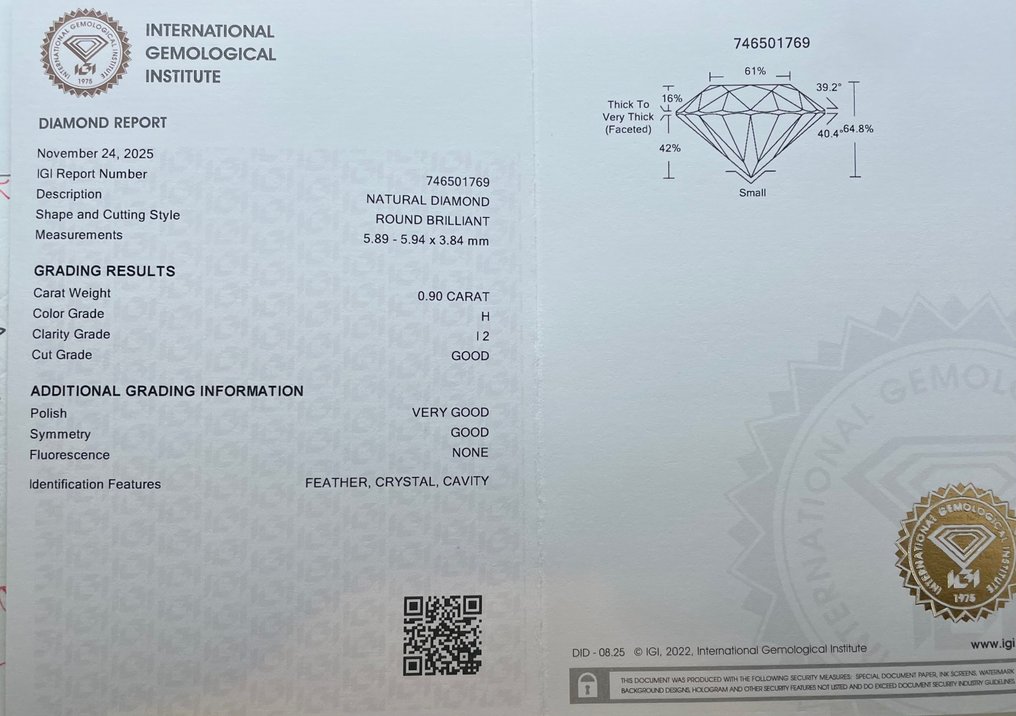 没有保留价 - 1 pcs 钻石  (天然)  - 0.90 ct - 圆形 - H - I2 内含二级 - 国际宝石研究院（IGI） #2.1