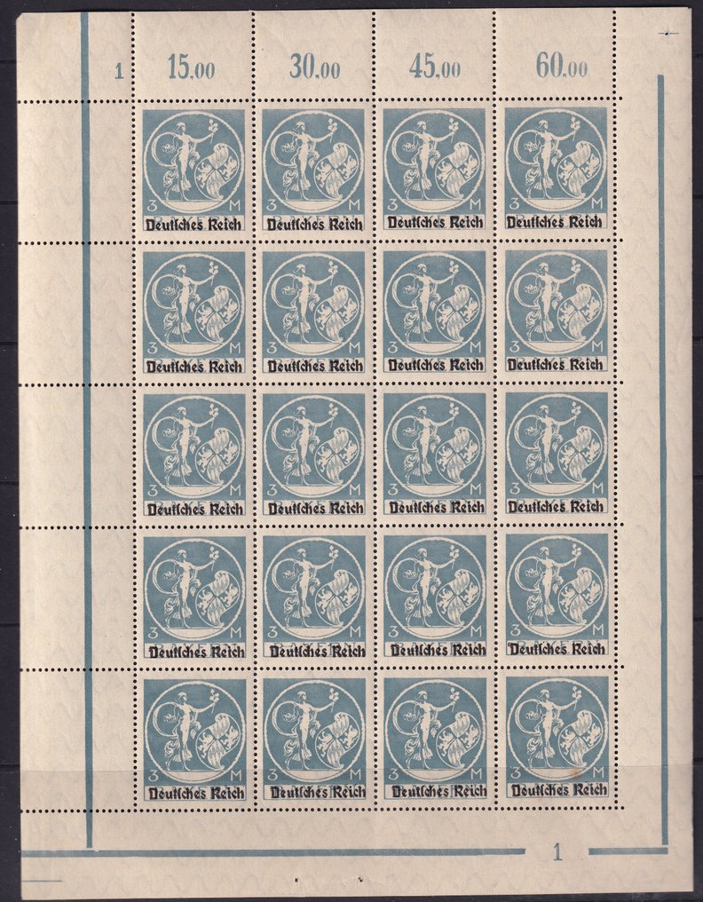 Duitse Rijk 1920/1921 - Vellen van 20 met 19 maal type I en 1 maal type II - Michel: 134/137 #1.0