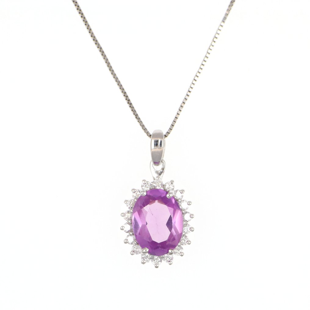 Sem preço de reserva - Colar com pingente - 18 K Ouro branco Ametista - Diamante #1.0