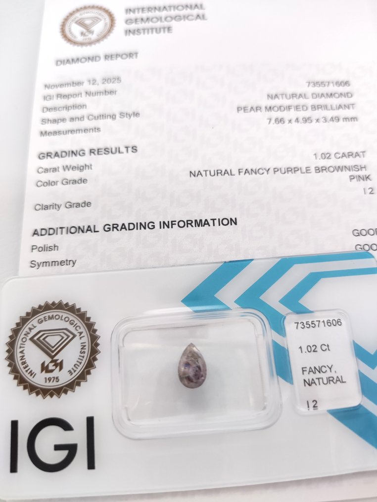 No reserve price - 1 pcs Diamond (Natural coloured) - 1.02 ct - Pear - Fancy Purple, Brownish Pink - I2 - International Gemological Institute (IGI) #3.2