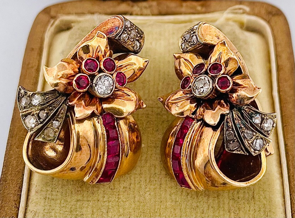 Σκουλαρίκια - 18 καράτια Κίτρινο χρυσό, Ασημί Διαμάντι (Φυσικό) - Ρουμπίνι #1.0