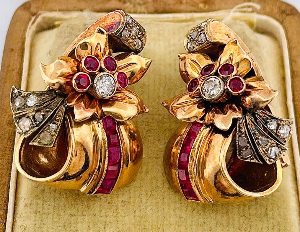 Σκουλαρίκια - 18 καράτια Κίτρινο χρυσό, Ασημί Διαμάντι (Φυσικό) - Ρουμπίνι #1.0