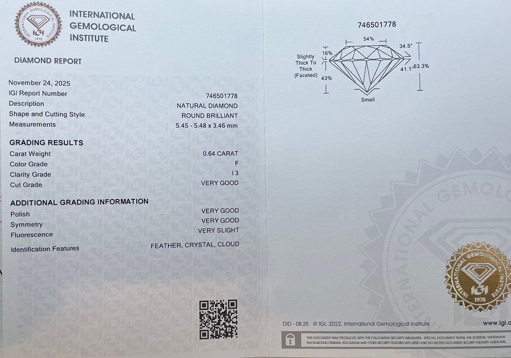 No Reserve Price - 1 pcs Diamond (Natural) - 0.64 ct - Round - F - I3 - International Gemological Institute (IGI) #2.1