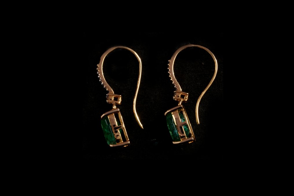 Øreringe - 14 karat Gulguld -  2.95ct. tw. Smaragd - Diamant #4.3