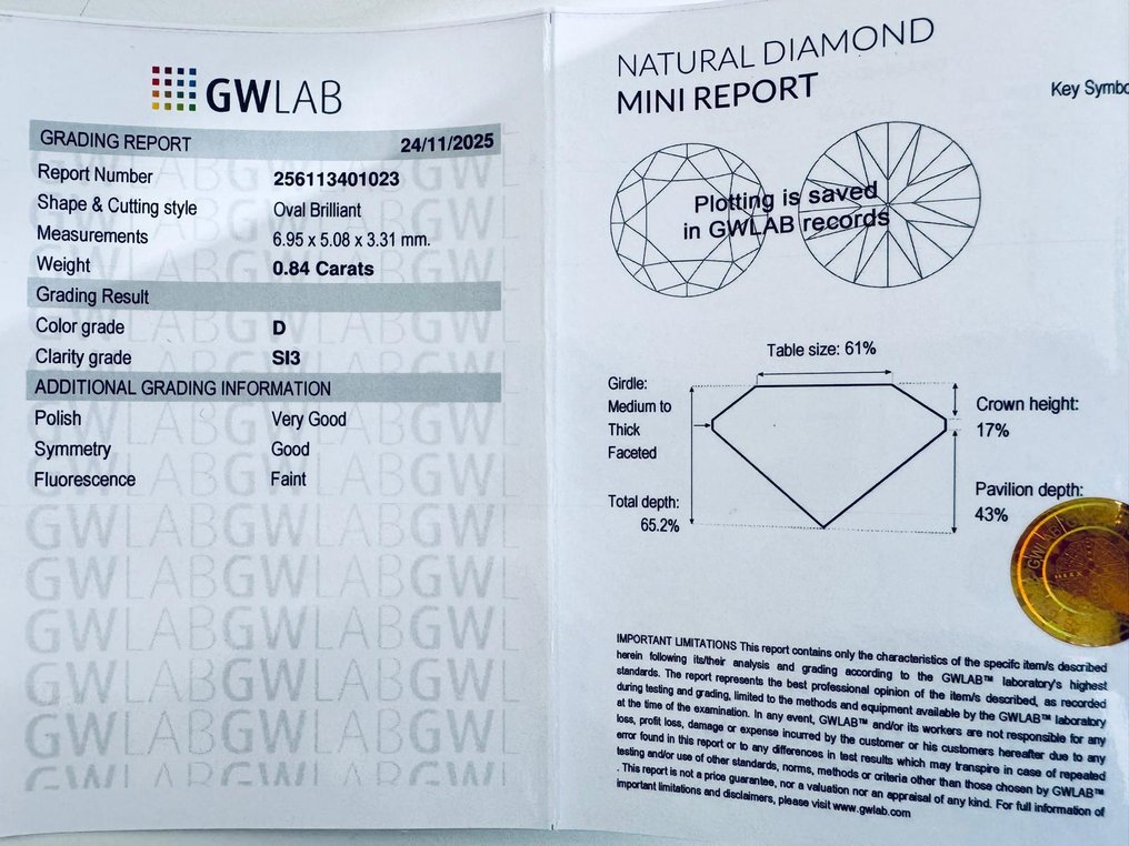 没有保留价 - 1 pcs 钻石  (天然)  - 0.84 ct - 椭圆形 - D (无色) - SI2 微内三含级 - Gemewizard宝石实验室（GWLab） #3.2