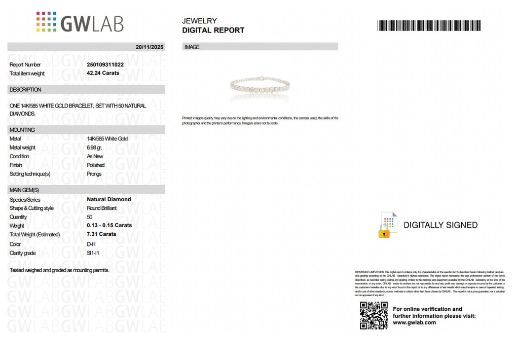 Ei pohjahintaa - Rannekoru - 14 kt. Valkokulta - 7.31ct. tw. Timantti (Luonnollinen) - D-H COLOR SI1-I1 #2.1