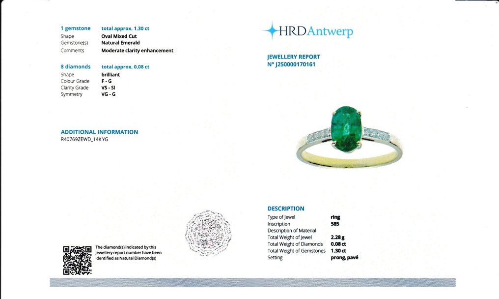 Ring - 14 karat Gull -  1.38ct. tw. Smaragd - Diamant #2.1