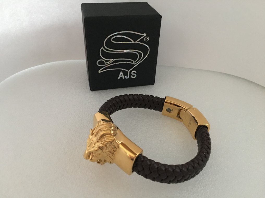 AJS狮子头3D真皮手链，低过敏性外科钢，镀24K金 - 手鈪 #1.0