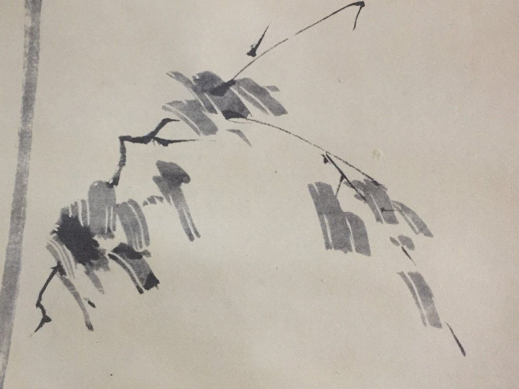 枯木鳴鵙図 / Japanese Vintage Hanging Scroll KAKEJIKU / Silk / Print - Signed 宮本武蔵 MIYAMOTO MUSASHI - 日本 (沒有保留價) #4.3