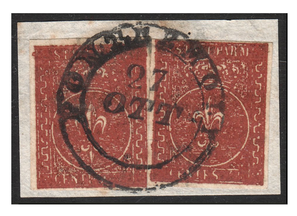 意大利古國－帕爾馬 1855/1855 - 25 C. Bruno Rosso Scuro，2个样本在碎片上。 - Sassone n. 8h #1.0