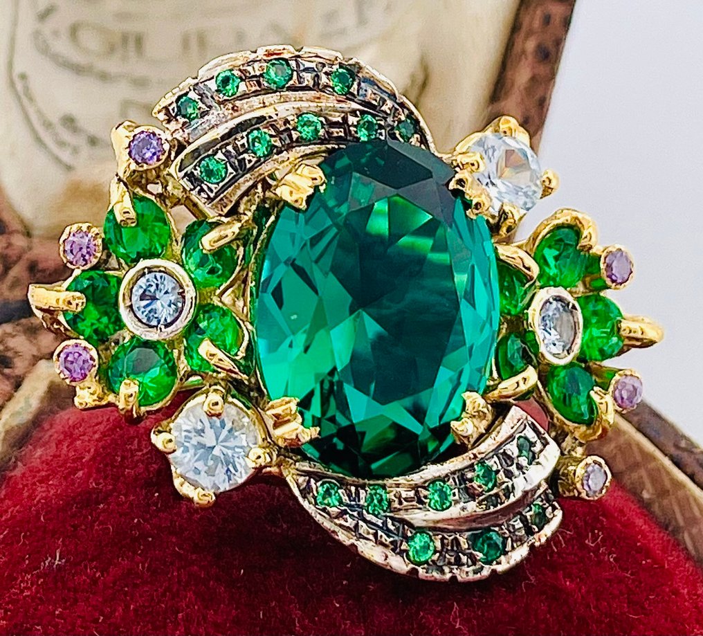 Ingen mindstepris - Ring - 9 kt. Gulguld, Sølv Smaragd - Akvamarin #4.3