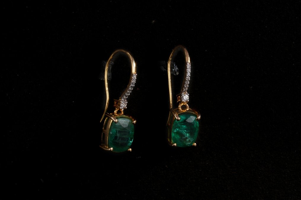 Øreringe - 14 karat Gulguld -  2.95ct. tw. Smaragd - Diamant #3.2