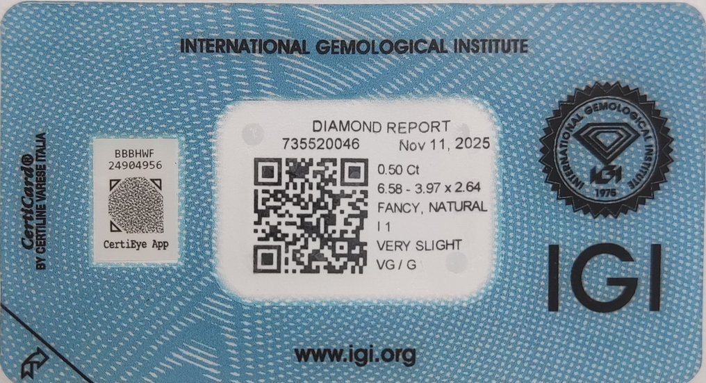 Fără preț de rezervă - 1 pcs Diamant (Colorat natural) - 0.50 ct - Pară - Fancy Galben - I1 - IGI (Institutul gemologic internațional) #2.1