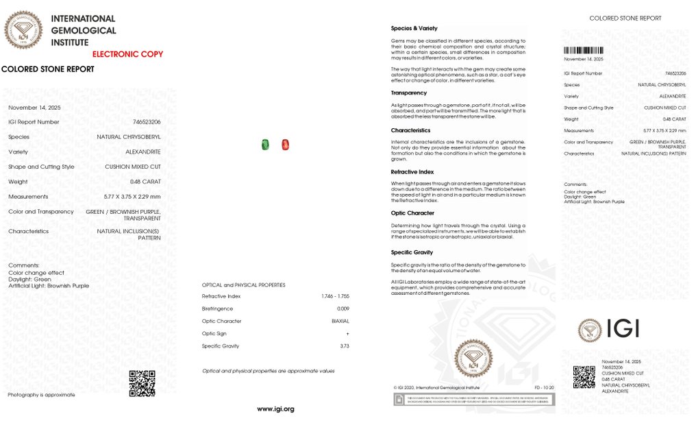 Fără preț de rezervă - 1 pcs Verde, Maro, Purpuriu Alexandrit - 0.48 ct - IGI (Institutul gemologic internațional) - Schimbare completă a culorii AAA !!! #4.3