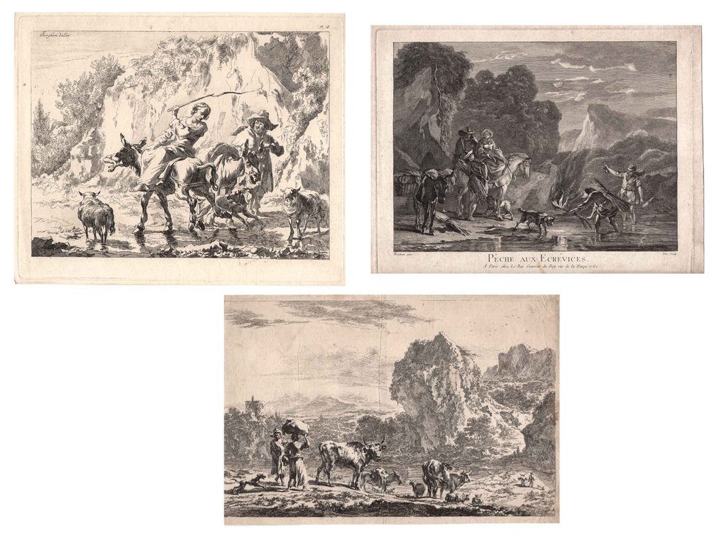 Nicolas Berchem (1620-1683) J. de Visscher (1666-1712) Danckerts Dancker - Suite di 3 acqueforti paesaggi agresti #1.0